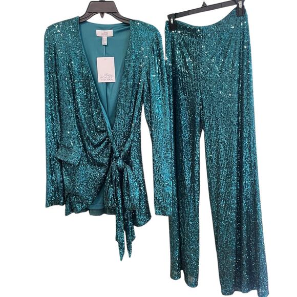 $398 Belle Badgley Mischka Sequin 2pc Suit Ivanna Wrap Top & Iris Pant Sz2 Green - Picture 6 of 11